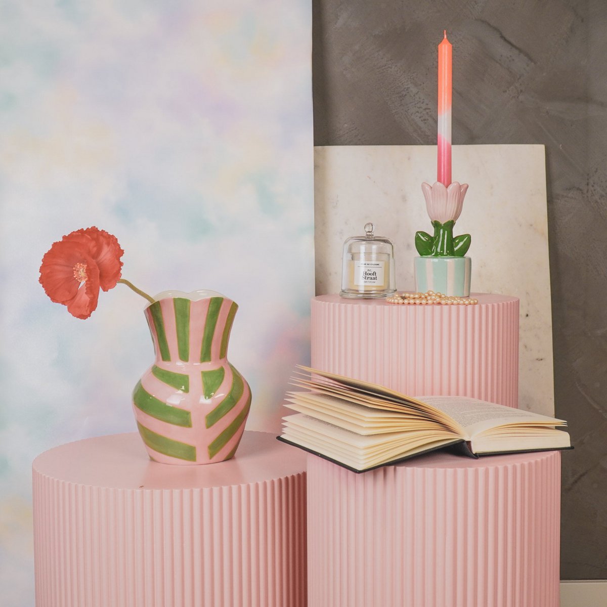 Vase-Stripes-Steinzeug -green/ rosa 16x16x22cm