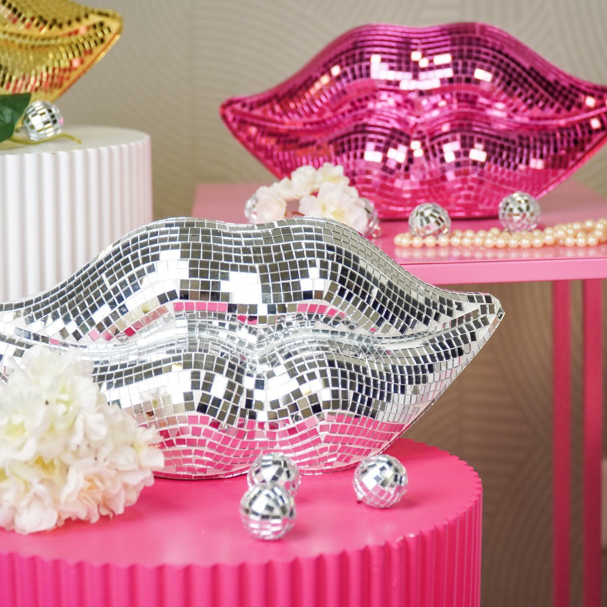Ornament - Disco -LIPS - Glas - Silber - 29x10x13,5 cm