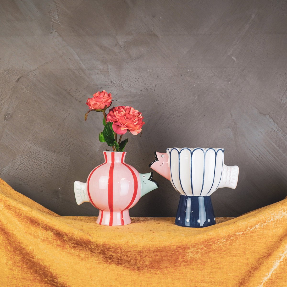 Vase - Fish -Dolomit -pink/mint/rot -21.5x13x17cm