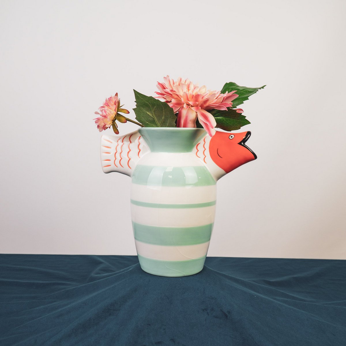Vase - Fish -Dolomit -Mint/Weiß/Orange -23x12.5x21cm