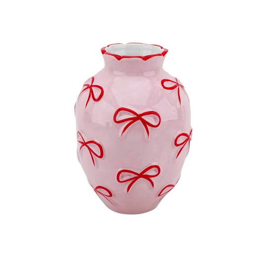 Vase - Blumenvase -Bänder - Hellrosa/Rot -13,5x13,5x19cm