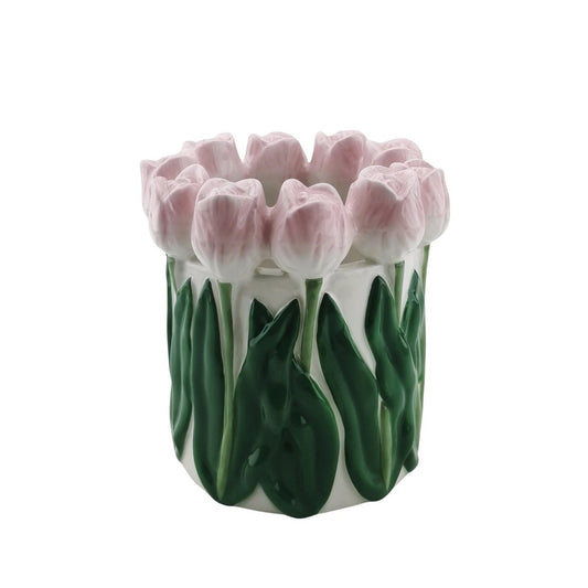 Vase-Tulips-Dolomit-hellrosa/ grün-15x15x14cm