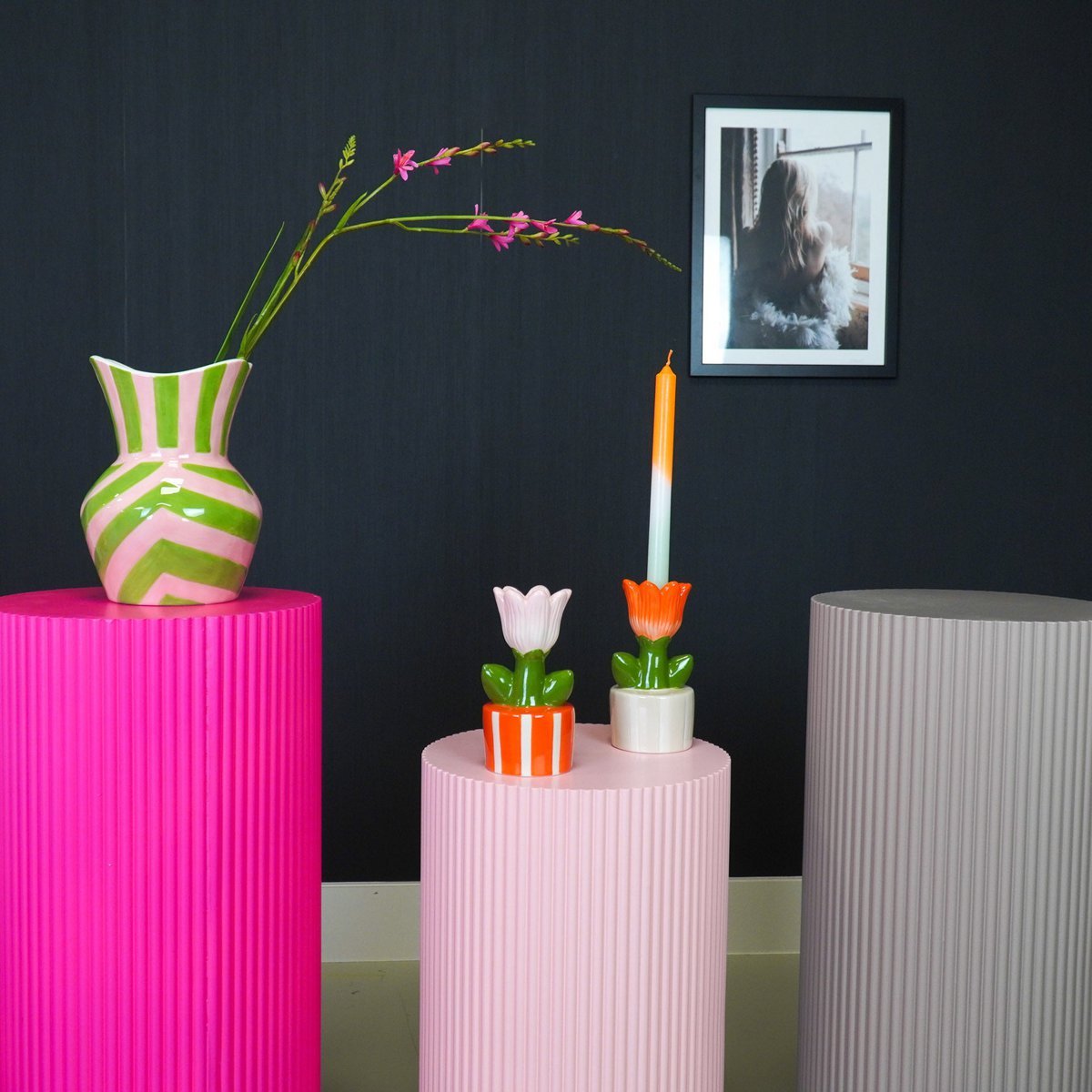 Vase-Stripes-Steinzeug -green/ rosa 16x16x22cm