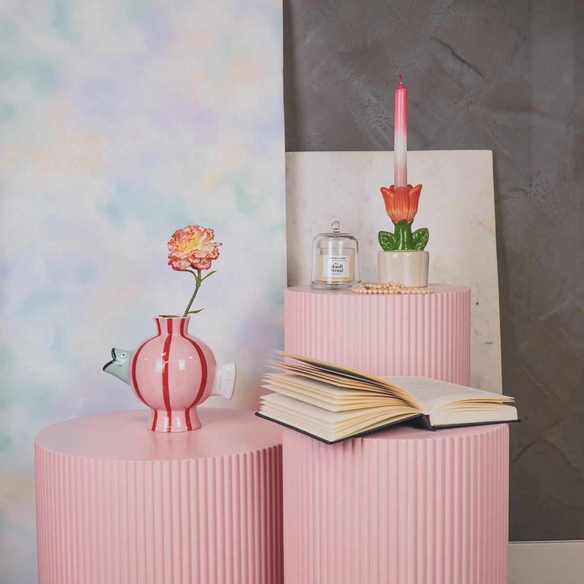 Vase - Fish -Dolomit -pink/mint/rot -21.5x13x17cm