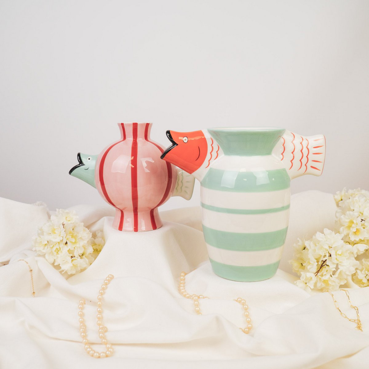 Vase - Fish -Dolomit -pink/mint/rot -21.5x13x17cm