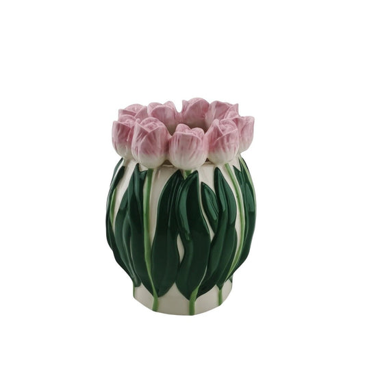 Vase-Tulips-Dolomit-hellrosa/ grün-12,5x12,5x16 cm